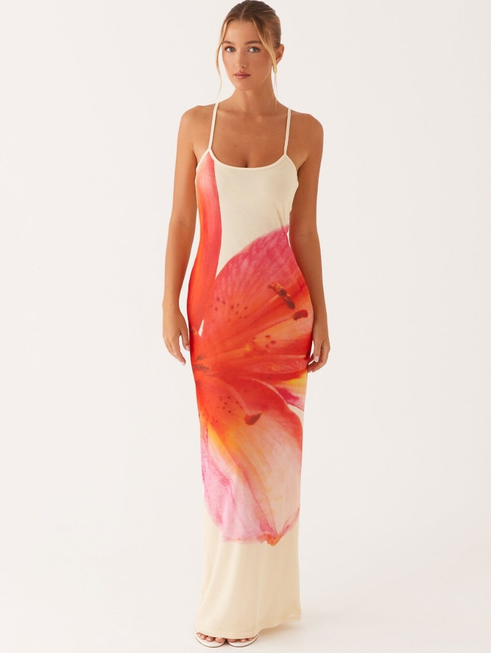 Peppermayo Cream Maxi Slip Dress with Pink and Orange Floral Women's Plus SZ 18